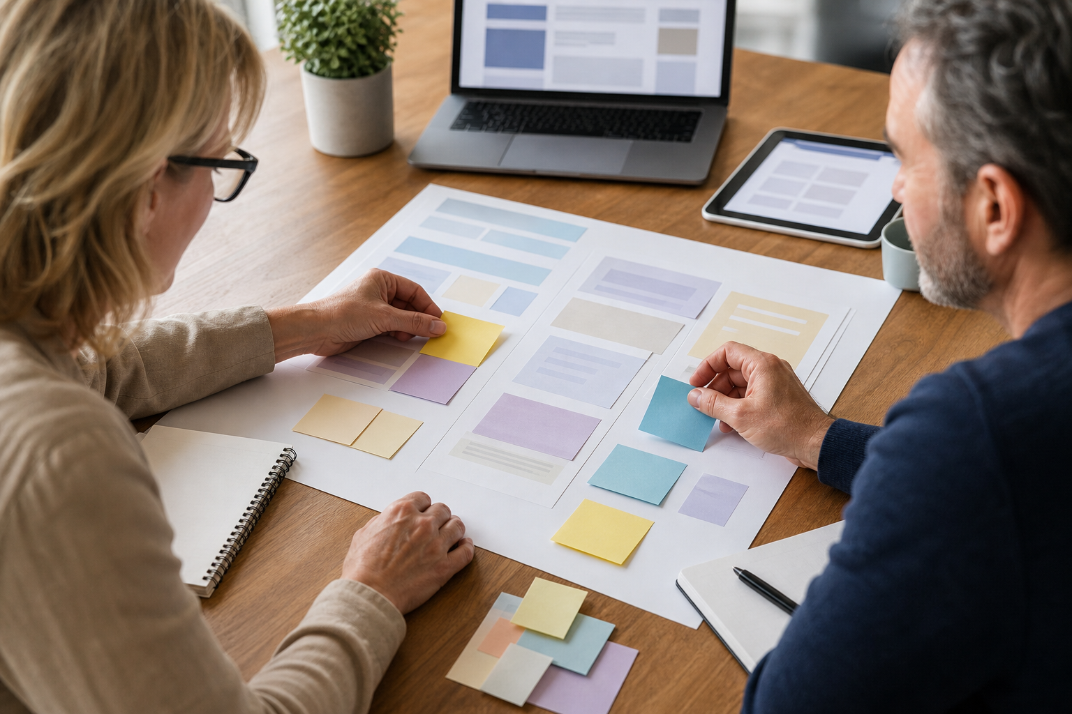Small business owner and consultant planning clear service page sections for AI search visibility