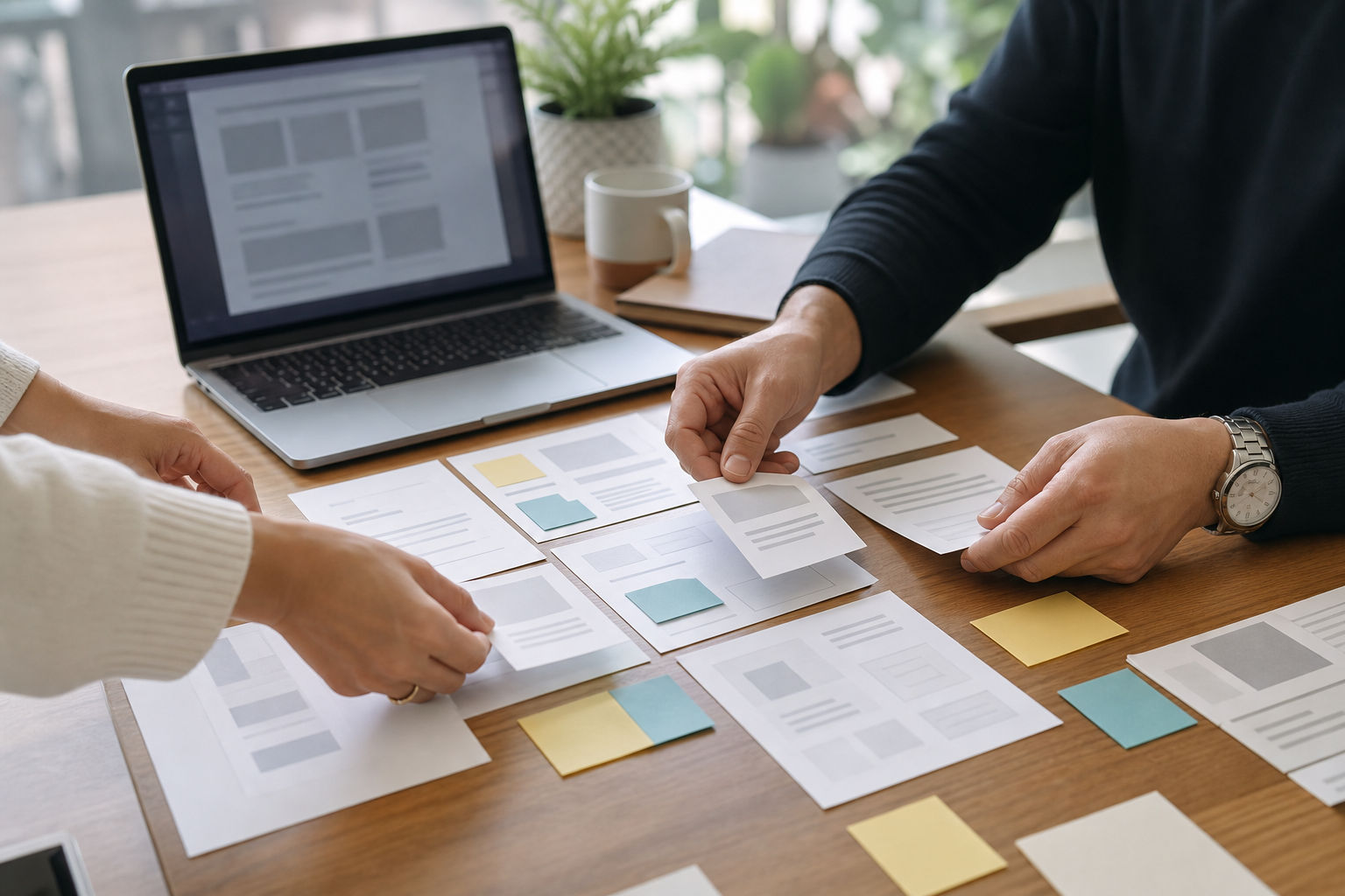 Small business owner and strategist organizing service page structure for Google AI Search readiness
