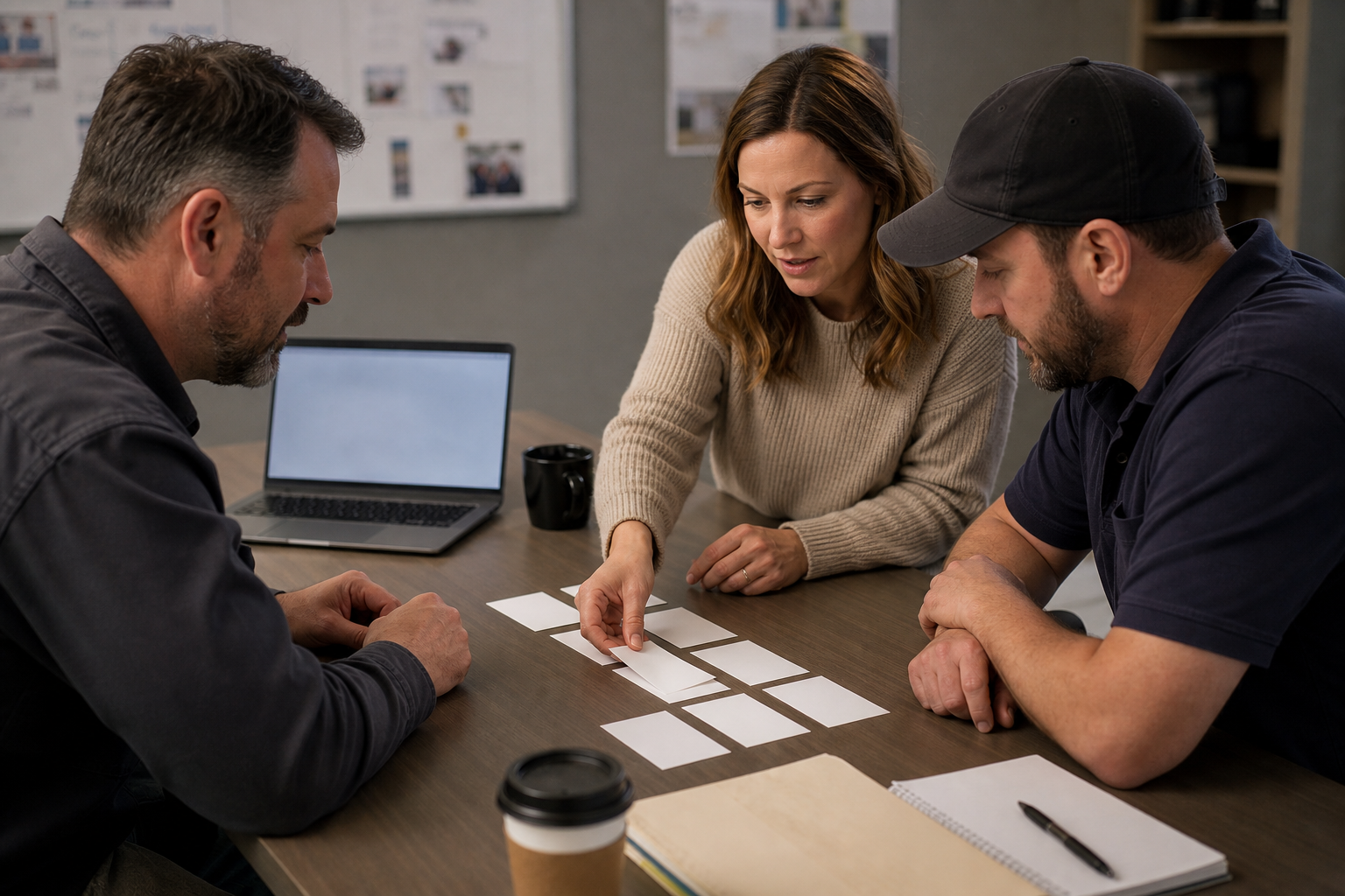 Small business team arranging blank cards into a service page structure
