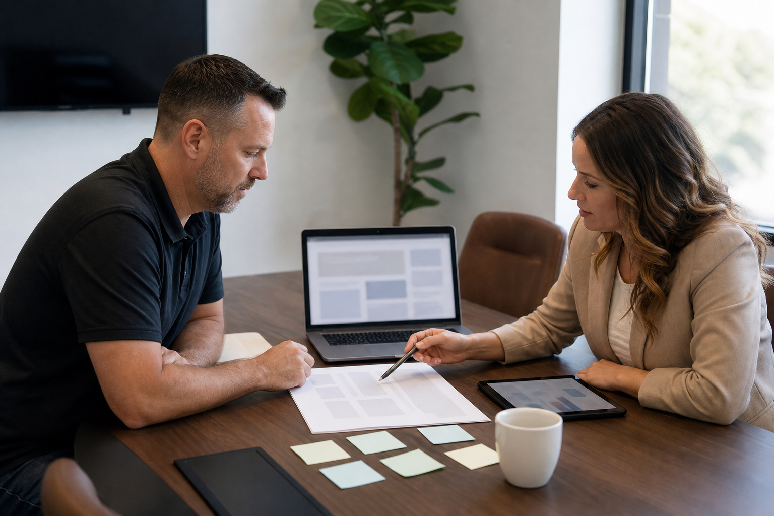 Home services business owner and consultant reviewing a website content checklist