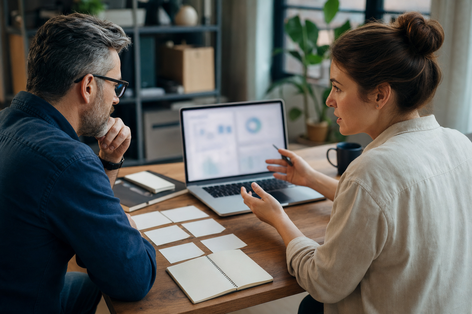 Small business owner and team lead reviewing blurred SOP performance results after a process has been documented and automated