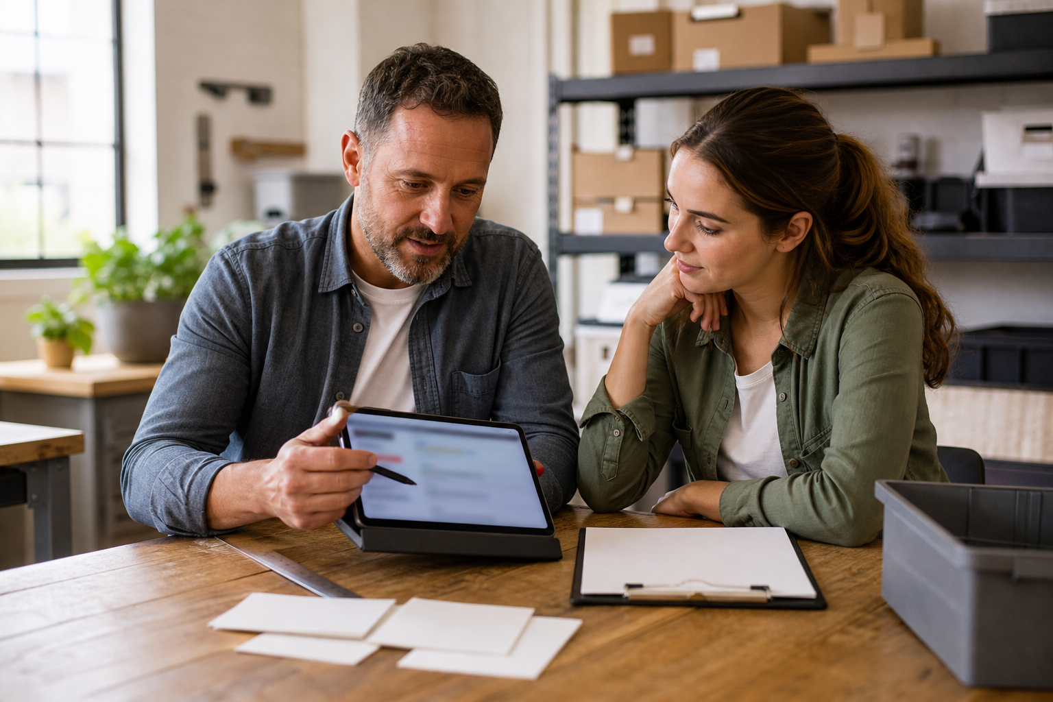 Experienced team member mentoring a newer employee through a documented SOP using an unreadable tablet interface