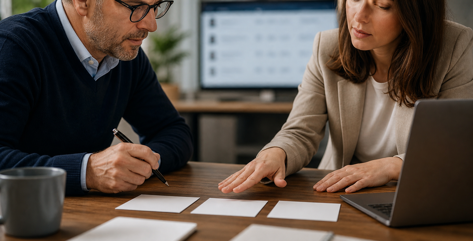Small business team arranging blank source quality cards in a practical office workshop