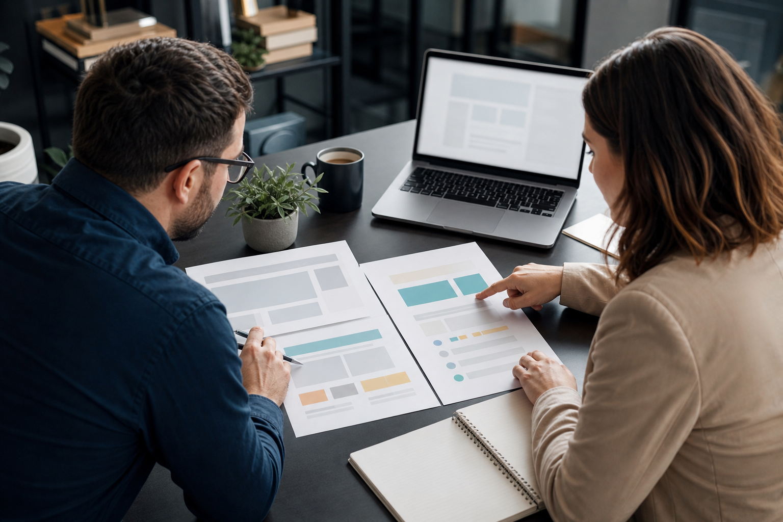 Small business owner and SEO consultant reviewing source-ready website content with abstract page blocks