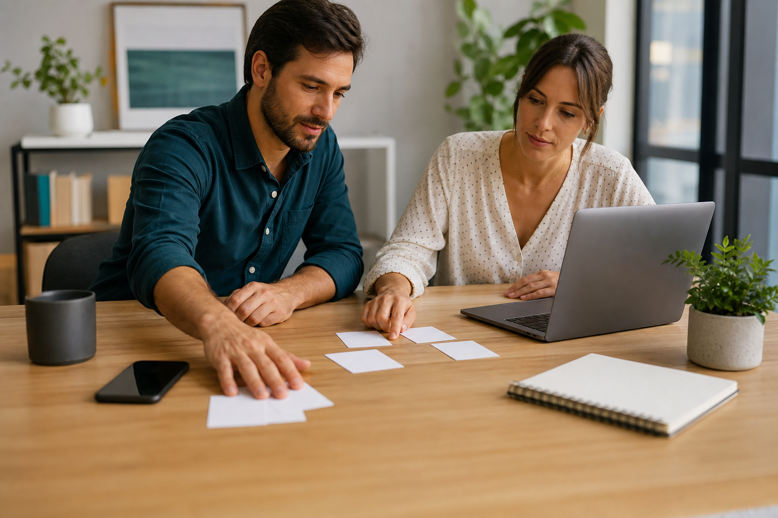 Small business owner and sales teammate moving blank cards aside while prioritizing better sales opportunities
