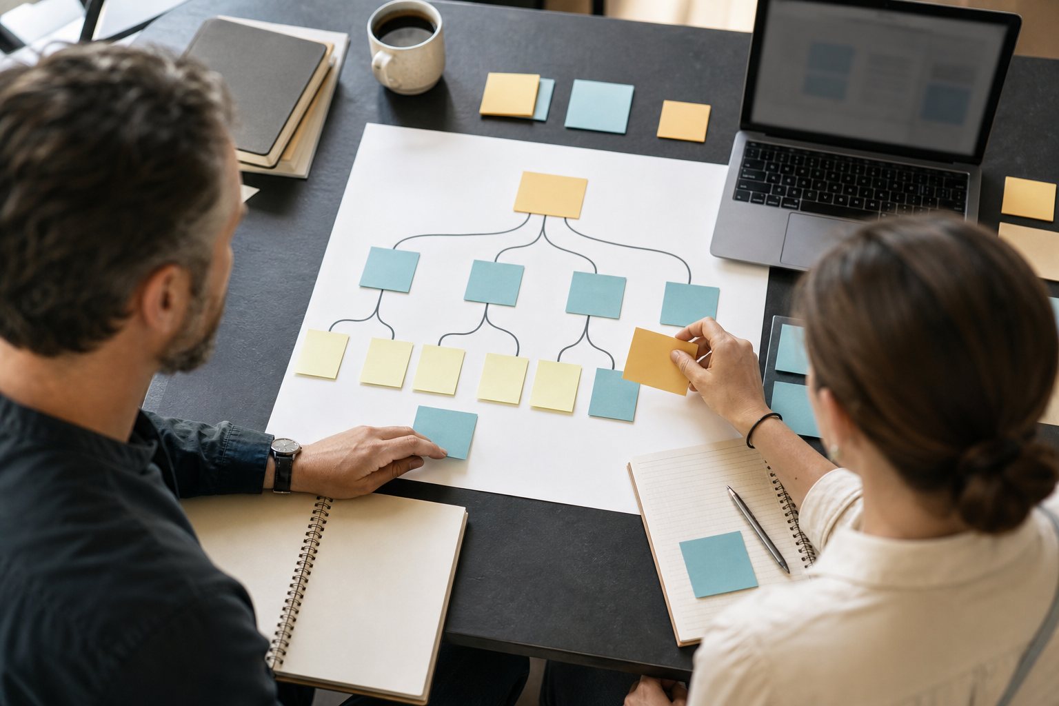 Small business owners organizing a customer question into multiple unreadable subtopic paths