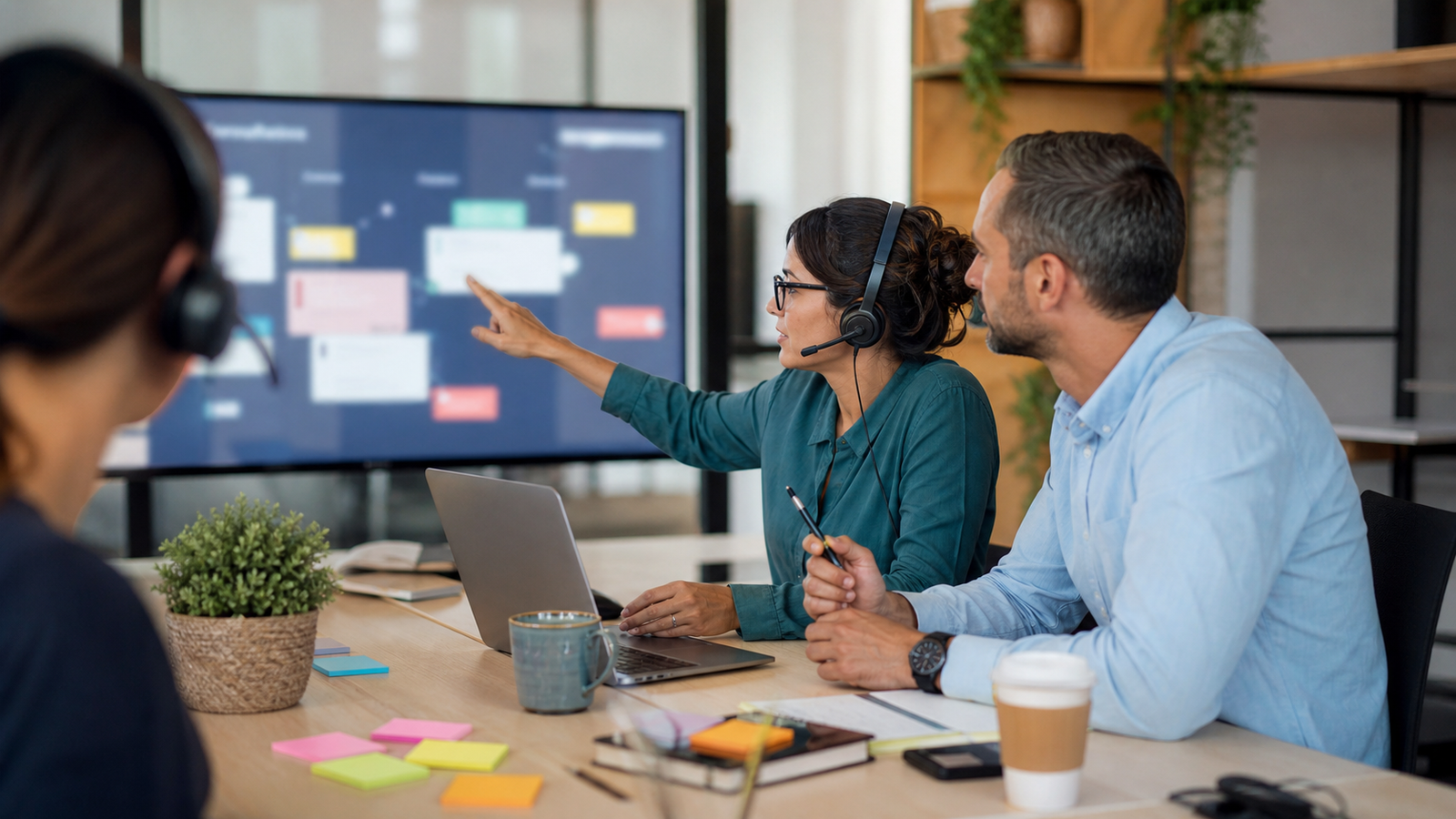 Small business support team sorting customer requests into priority groups using a blurred workflow board
