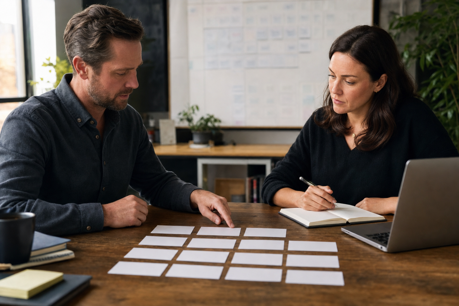 Small business owner reviewing a 30-day AI workflow transition plan with a team lead