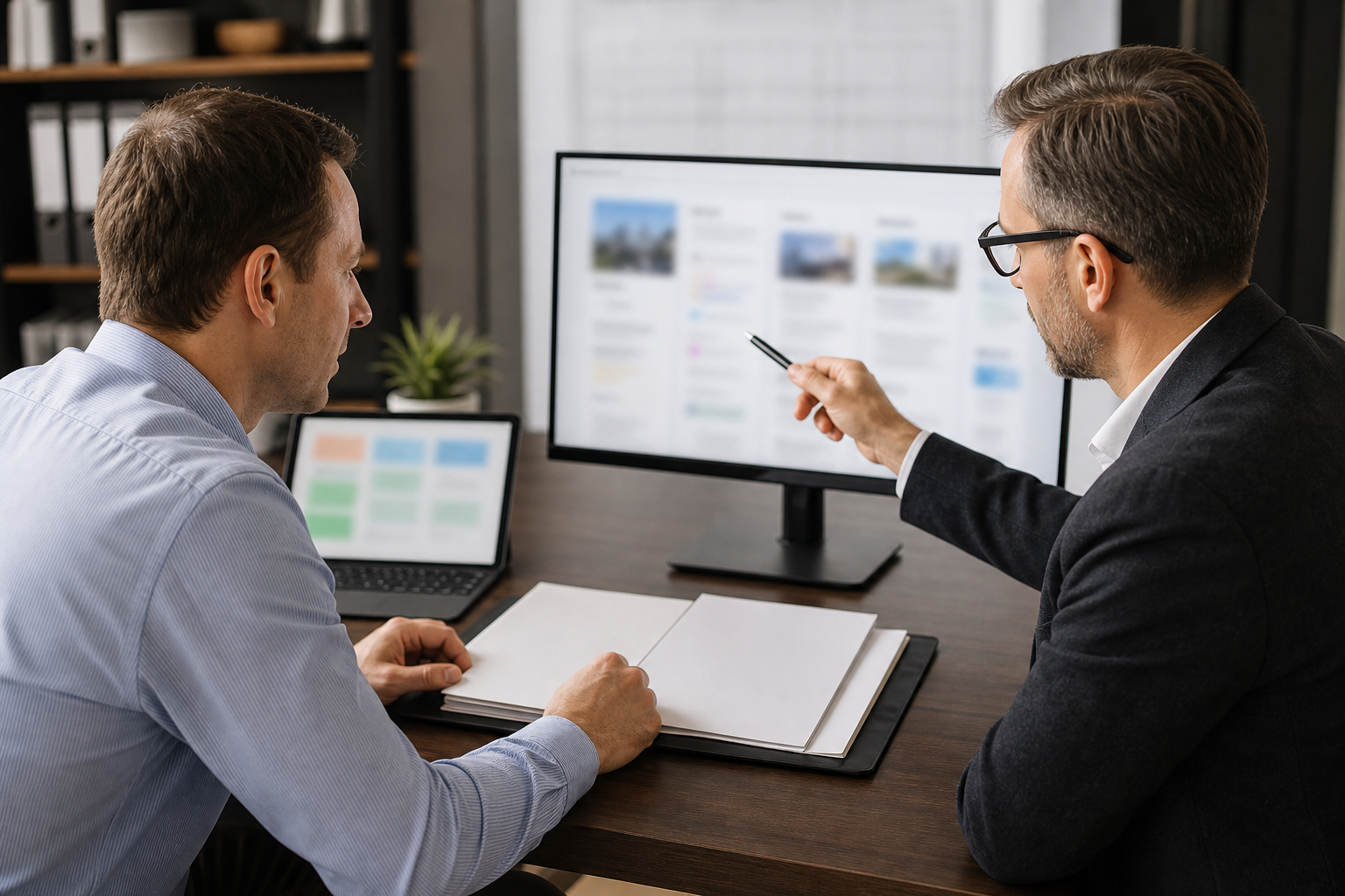 Professional services owner and advisor checking blurred citation and trust signals