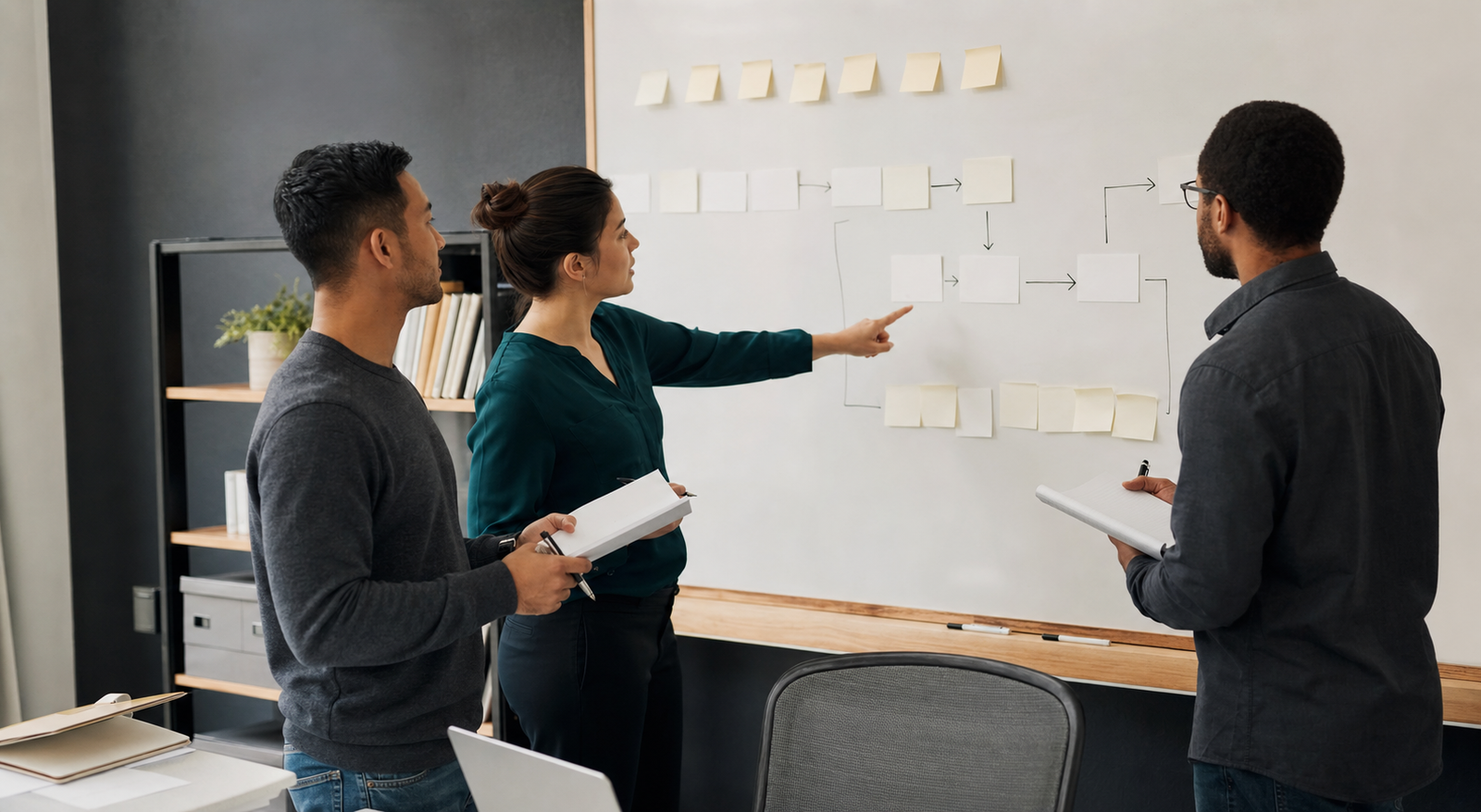 Small business team reviewing blank workflow cards to find unclear AI project steps