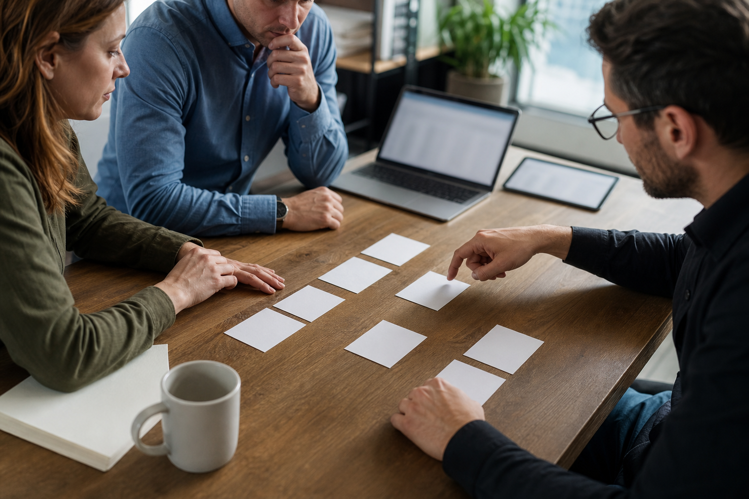 Small business team reviewing blank workflow cards to find unclear automation steps