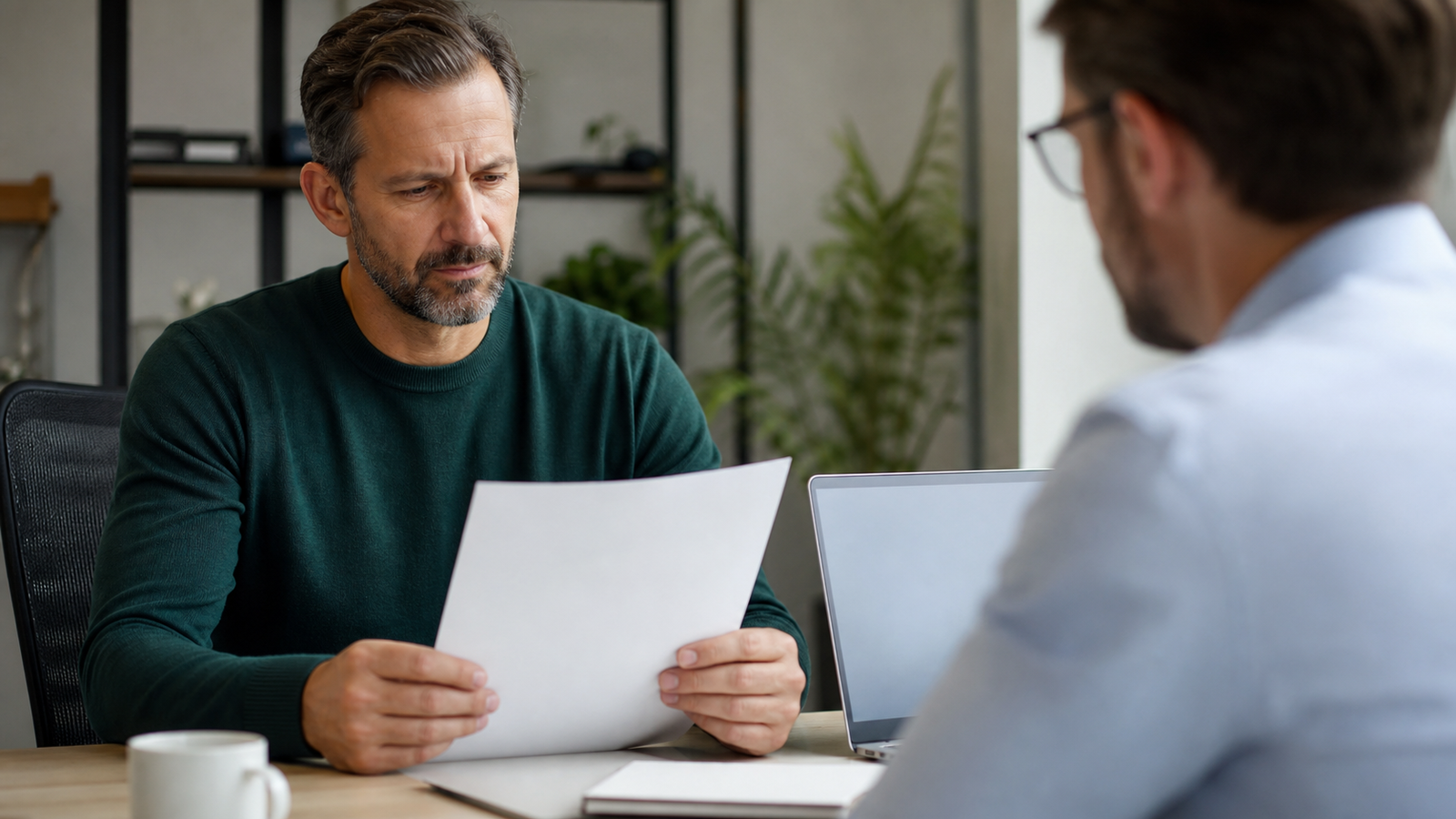 Small business owner reviewing a blank vendor proposal before clarifying AI automation outcomes