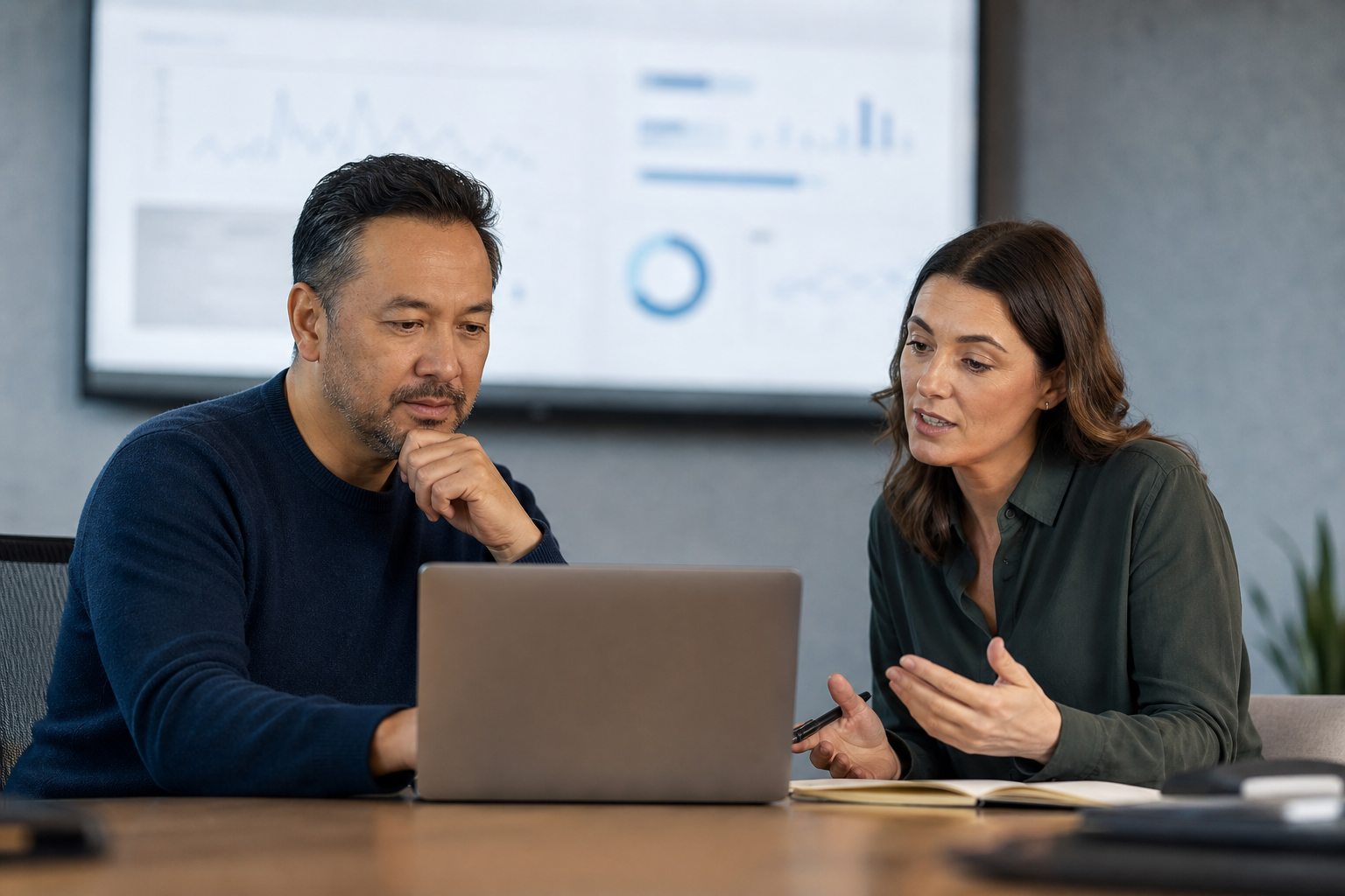 SMB owner and operations manager reviewing blurred AI search visibility measurement results