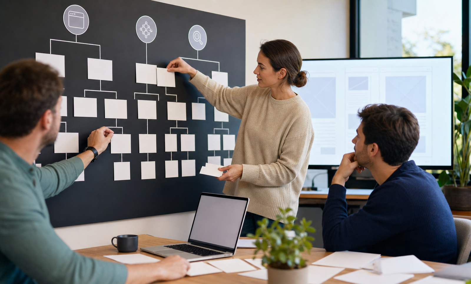 Small business team mapping website pages with blank cards for AI search visibility readiness