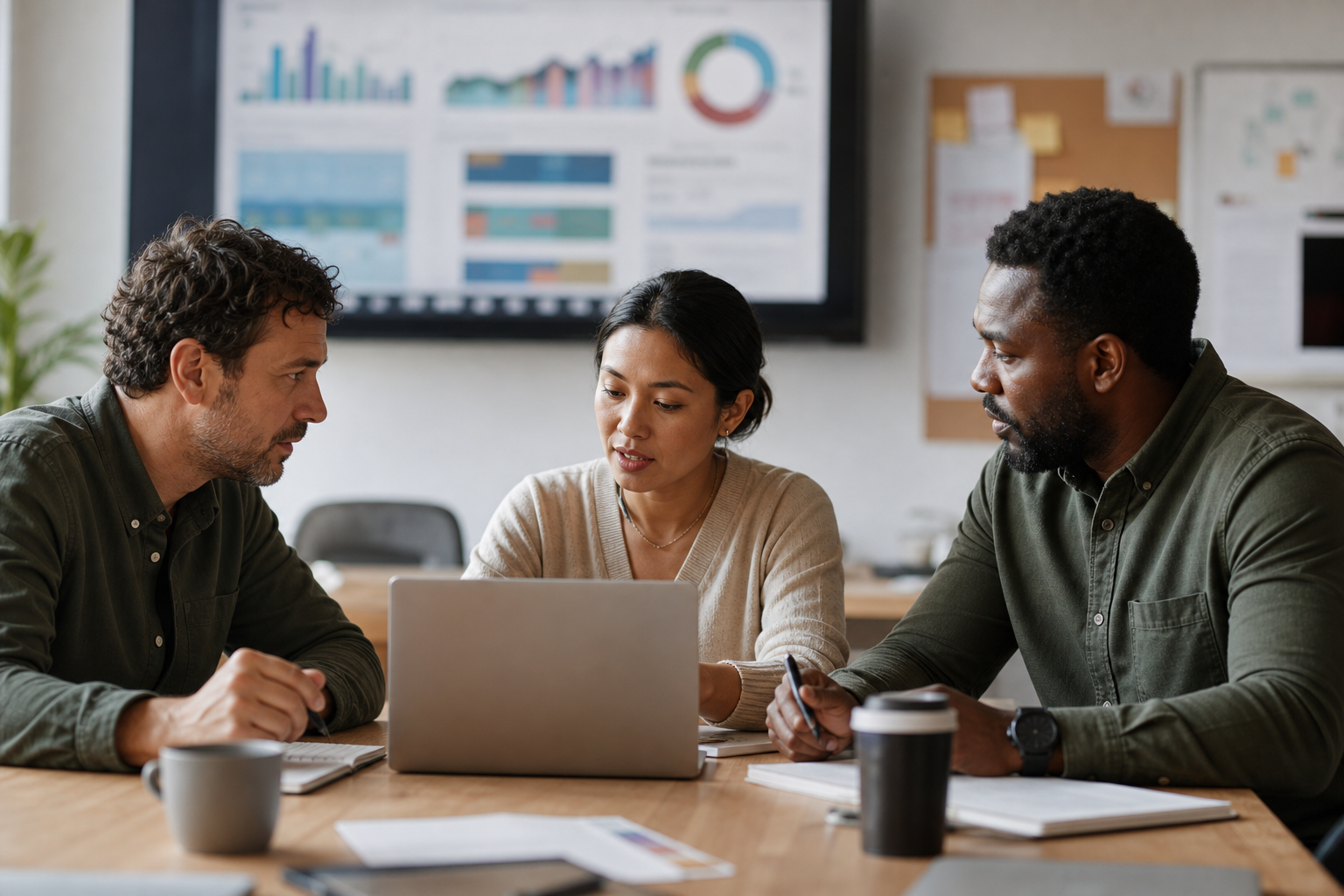 Small business leadership team reviewing weekly operations rhythm with abstract dashboards
