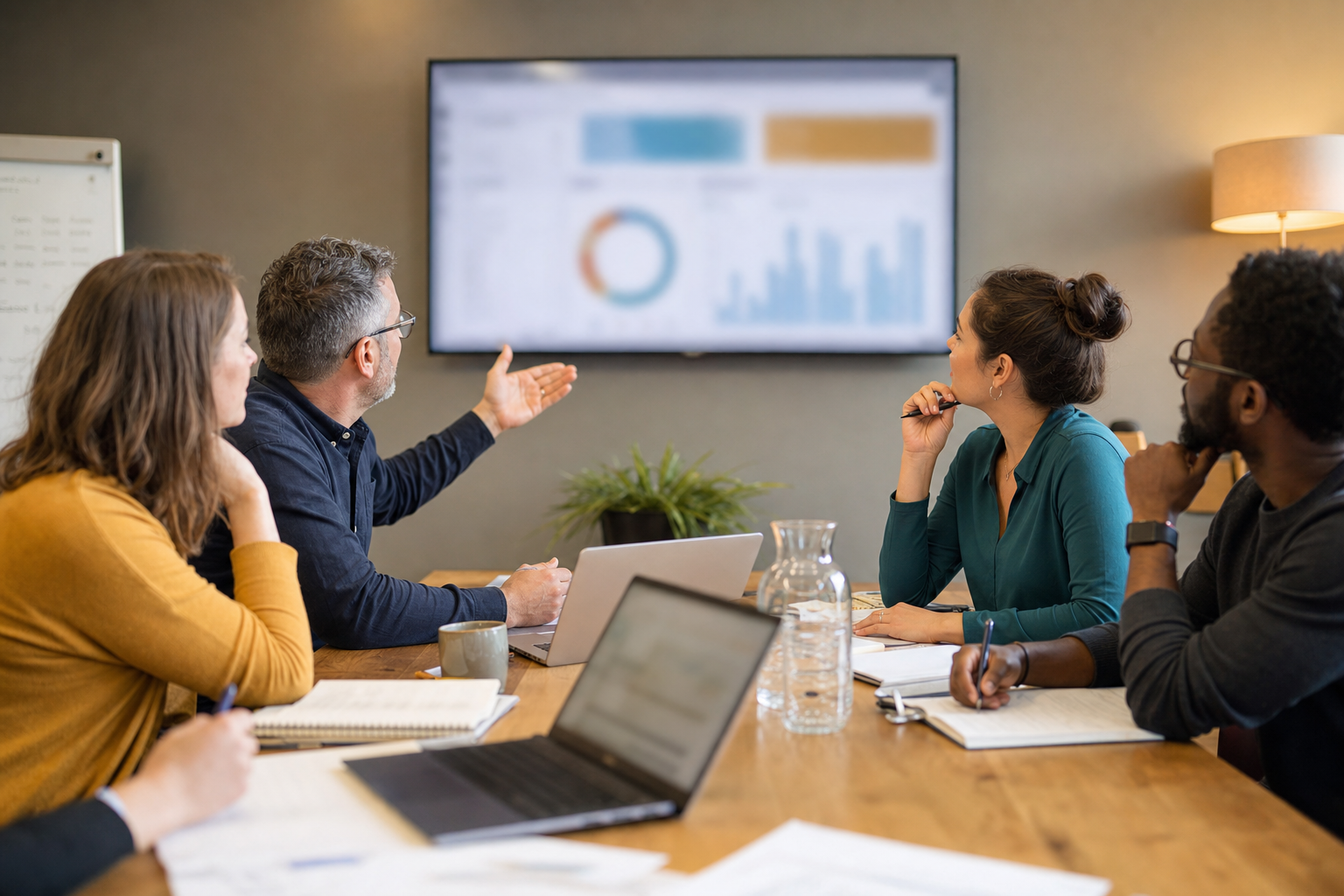 Small business owner and team leads reviewing an AI-prepared weekly business update on unreadable dashboard screens