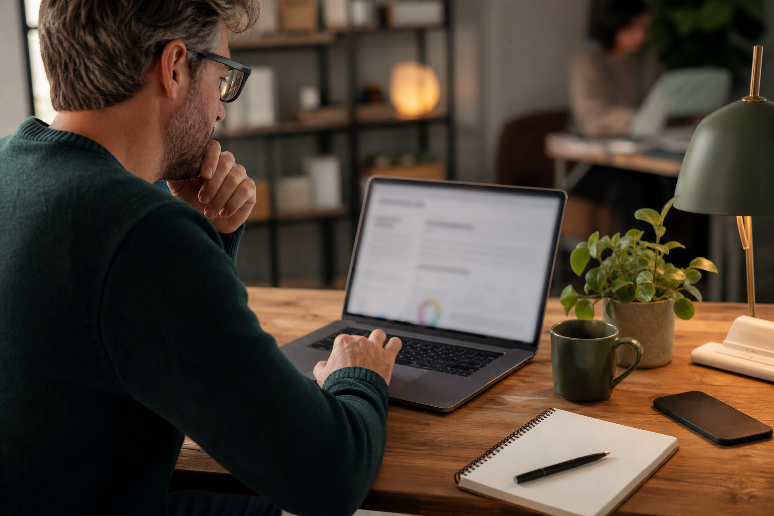 Business owner reading a concise AI-prepared weekly business update on a blurred laptop screen