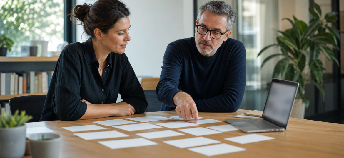 Small business owner and workflow automation consultant reviewing blank workflow cards before an automation project