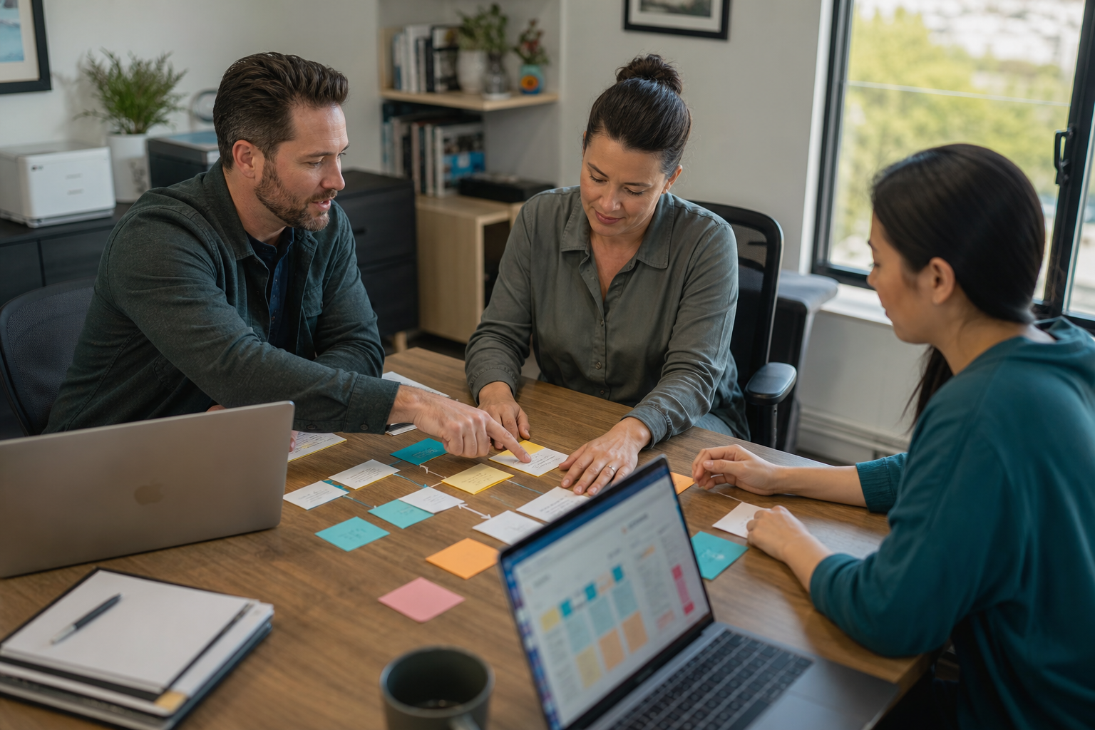 Small business team mapping customer request intake into sales scheduling delivery and finance handoffs