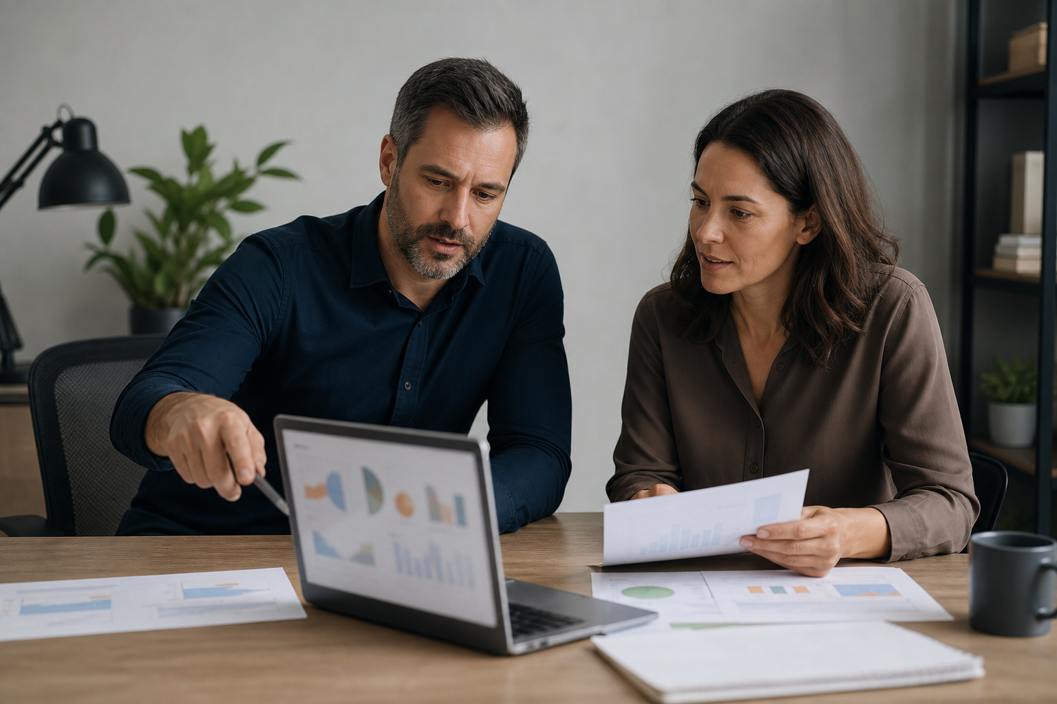 Small business leadership pair reviewing workflow outcome metrics after an AI first workflow pilot