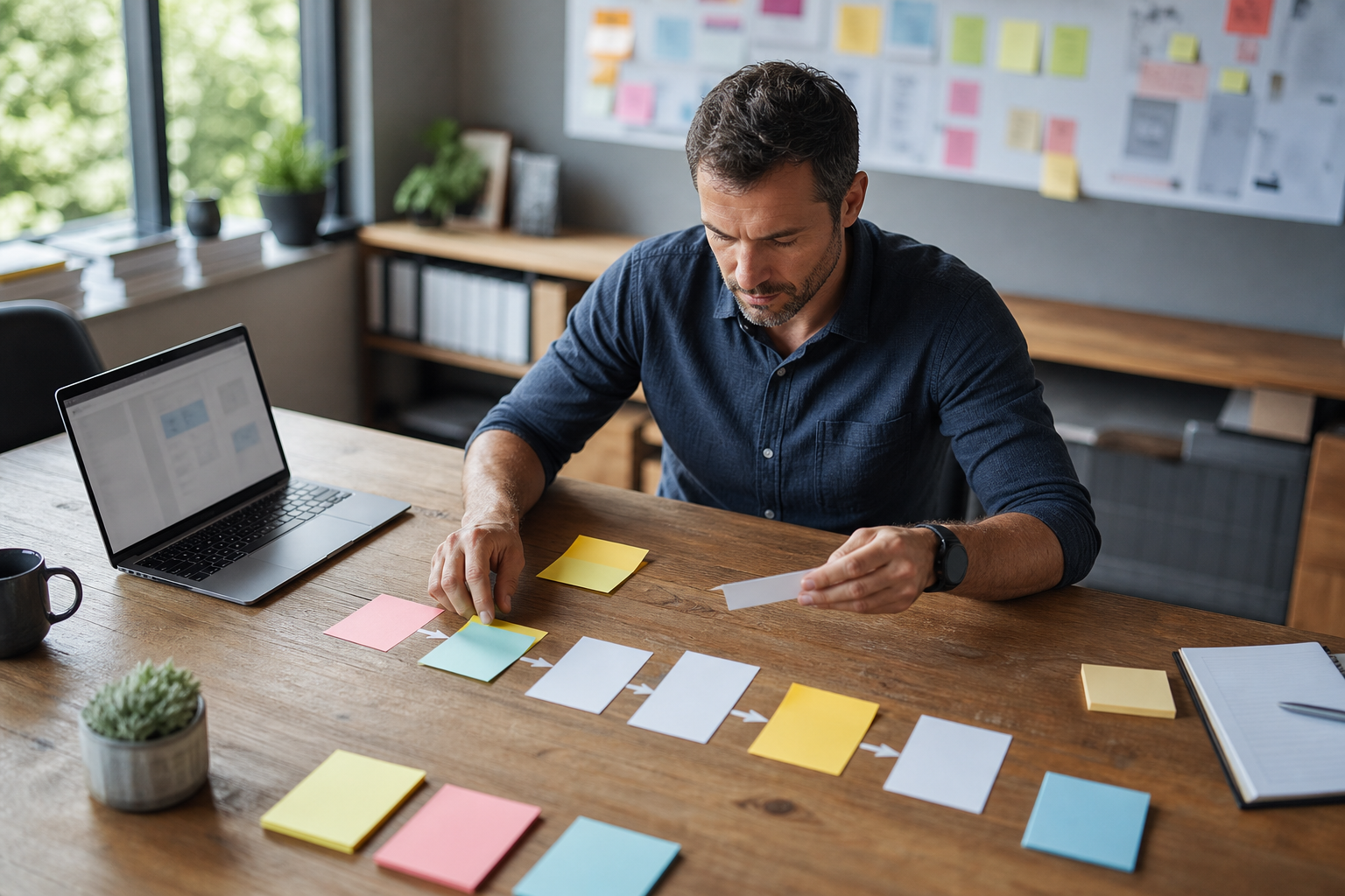 Operations lead mapping a clean AI workflow transition path from intake to review to handoff