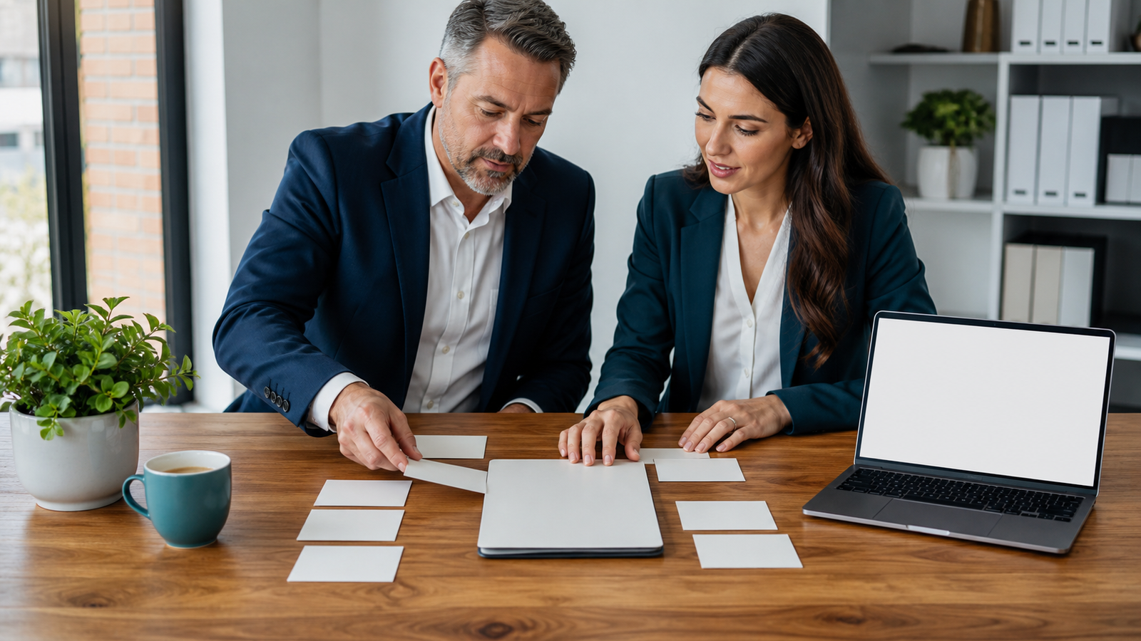 Accounting firm owner and consultant organizing blank service-question cards around a blank client folder