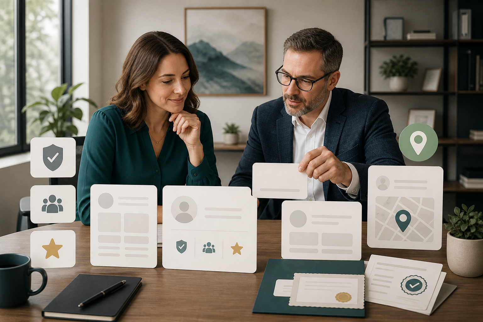 Accounting firm owner and advisor reviewing blank public profile cards, location icons, and proof documents