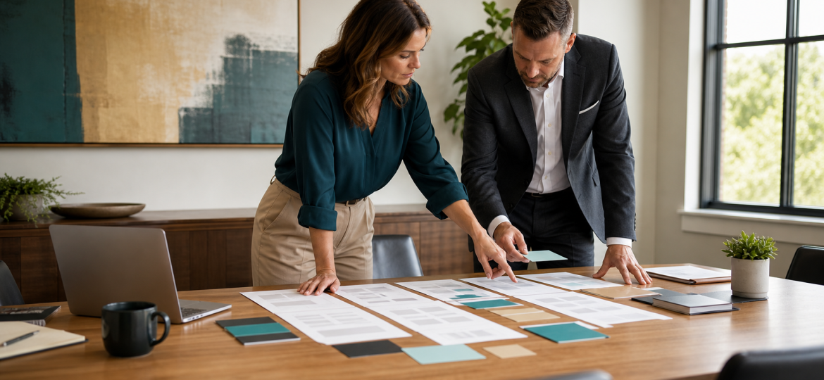 Accounting firm partners reviewing blank service-page structure and AI search evidence