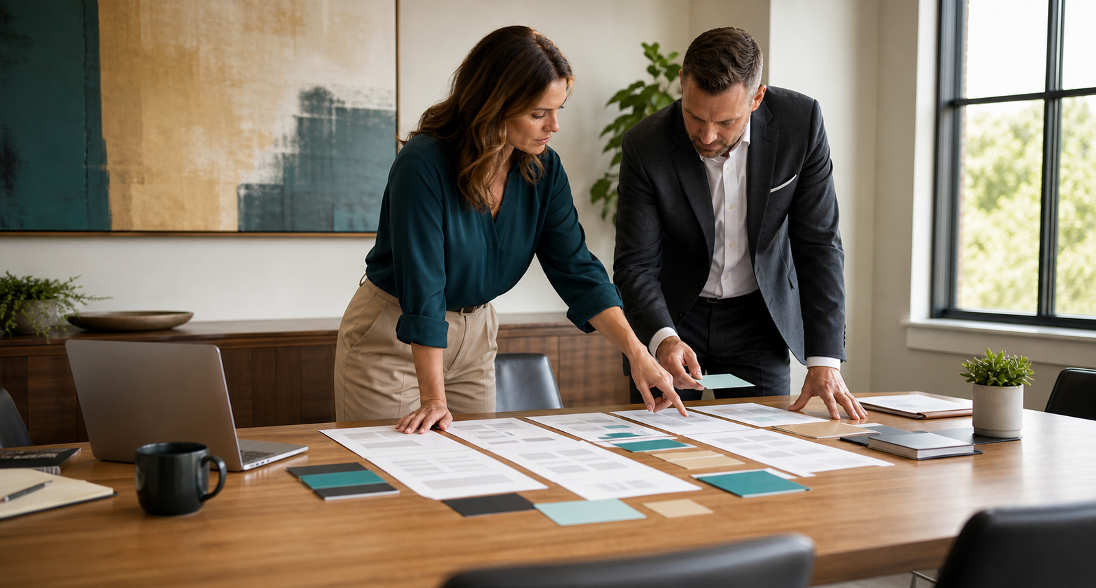 Accounting firm partners reviewing blank service-page structure and AI search evidence
