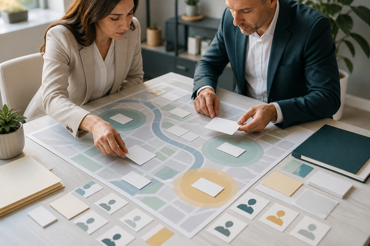 Accounting professionals reviewing blank service-area cards on an abstract map