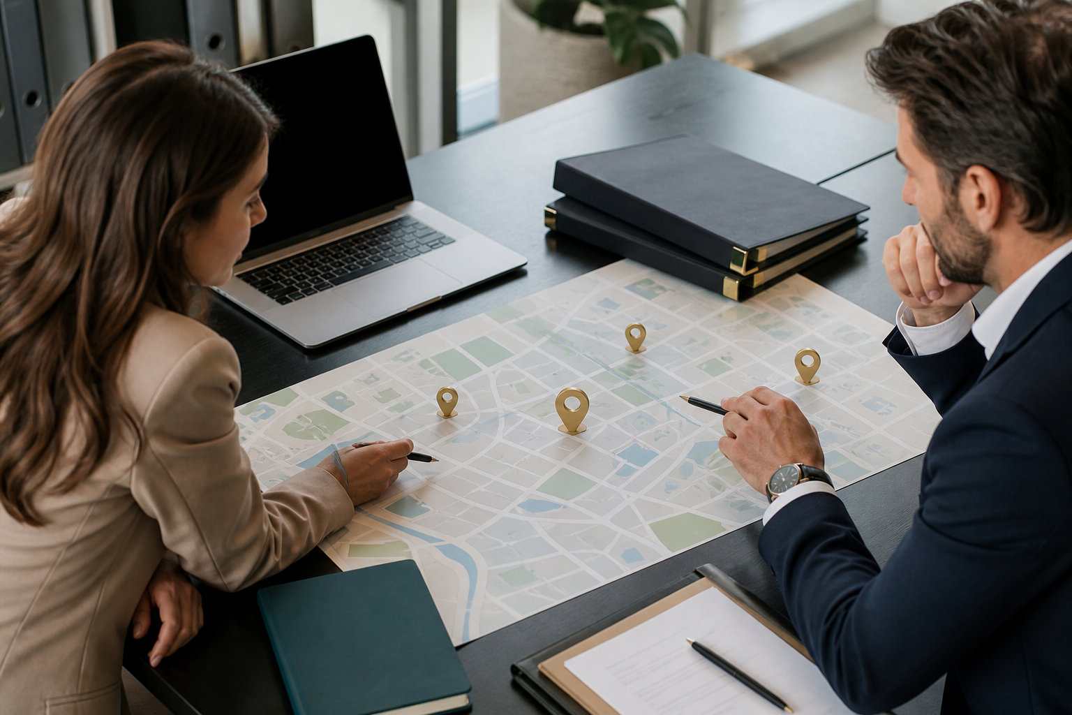Accounting professionals reviewing an abstract service-area map without labels