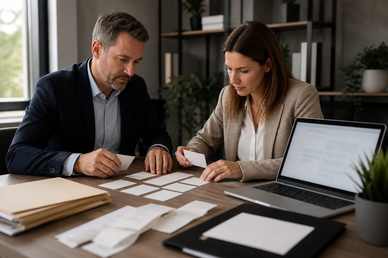 Accounting firm owner and advisor arranging blank client-question cards for service content planning