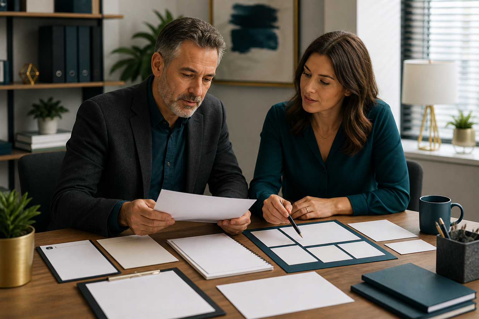 Accounting firm owner and advisor reviewing blank bookkeeping service evidence cards
