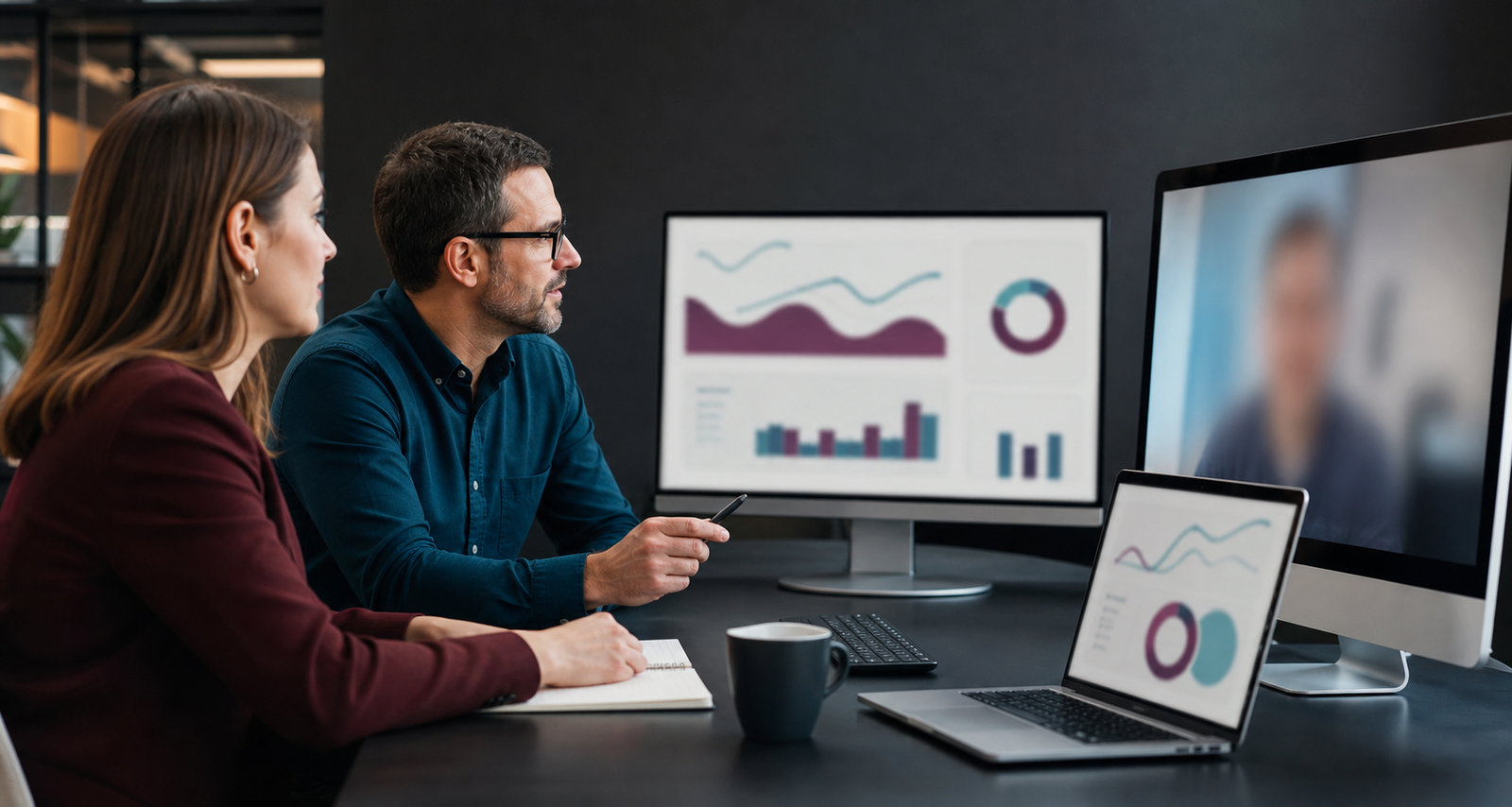 Agency team reviewing abstract AI search visibility reporting dashboards