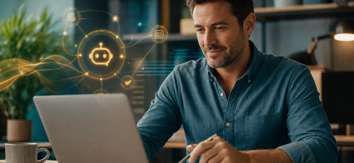 A small business owner reviewing automated reports on a laptop, with digital agent icons in the background.