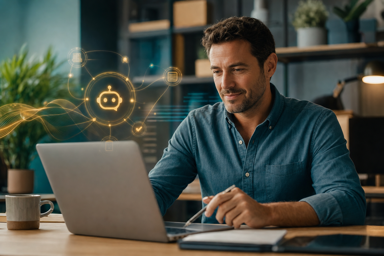 A small business owner reviewing automated reports on a laptop, with digital agent icons in the background.