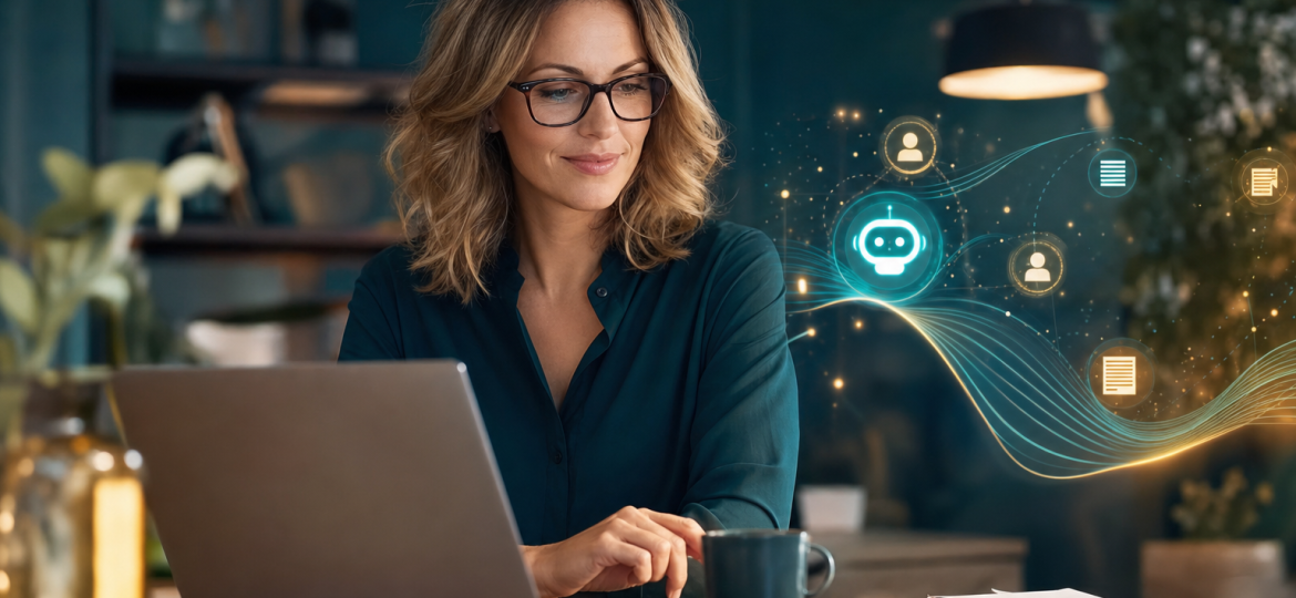 Small business owner reviewing automated workflow dashboard with AI agent suggestions