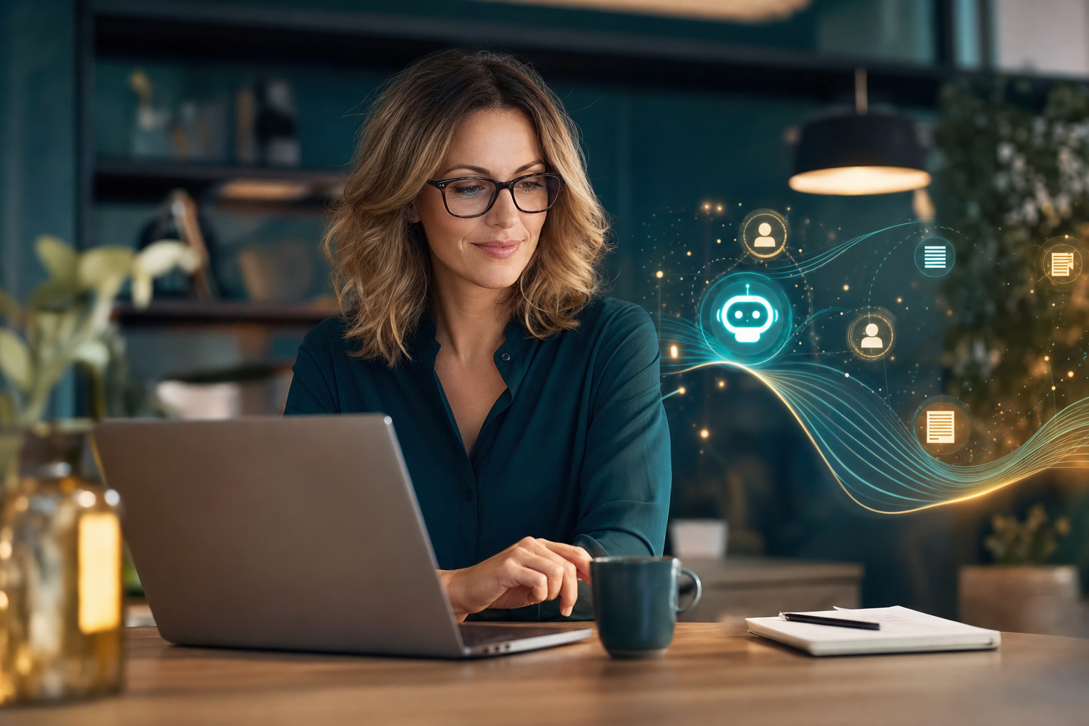 Small business owner reviewing automated workflow dashboard with AI agent suggestions