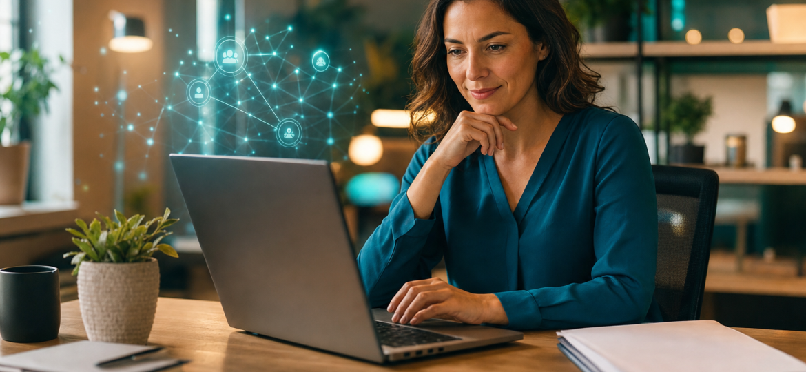 A small business owner reviewing AI-powered workflow automations in a modern office setting.