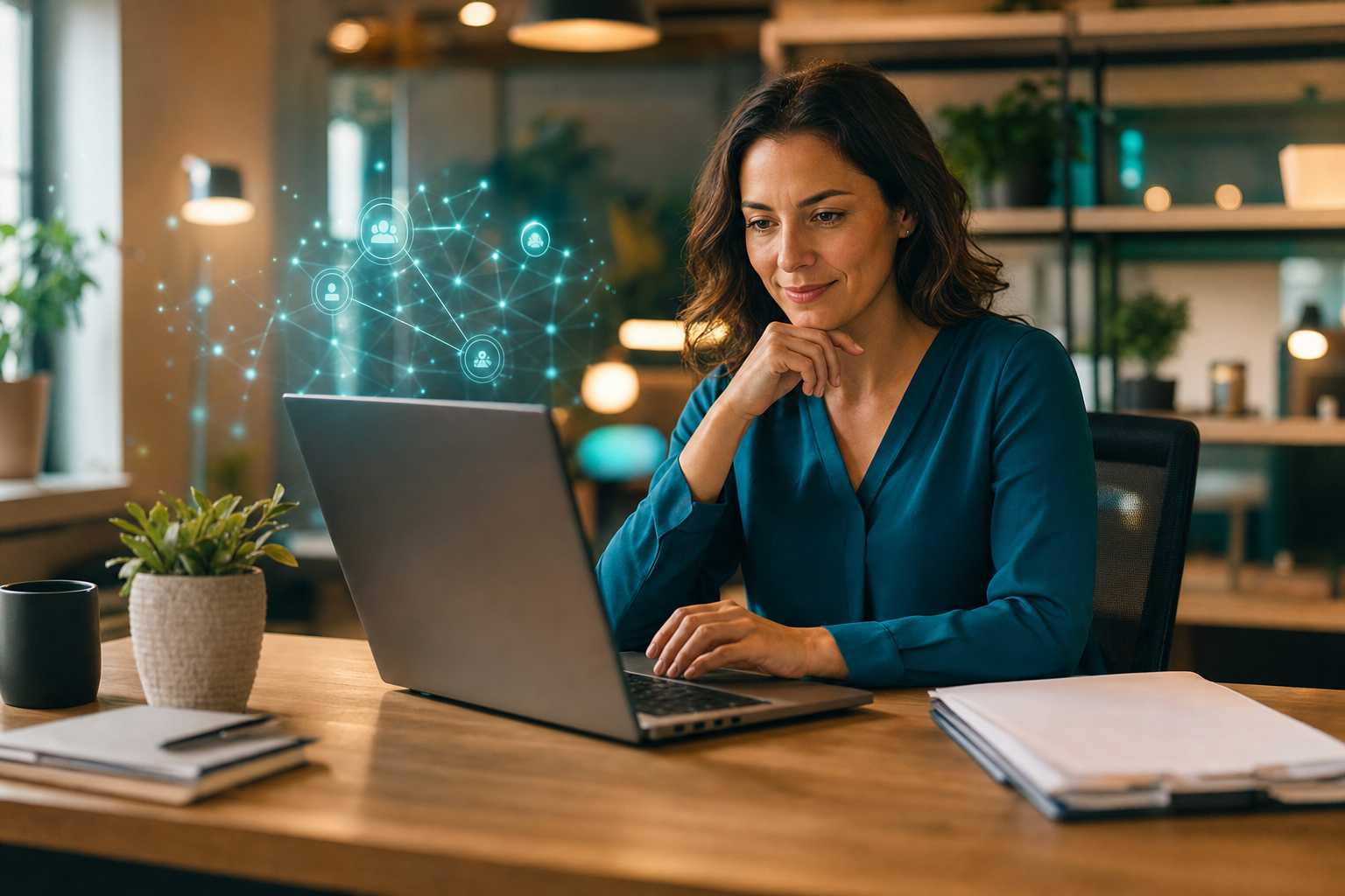 A small business owner reviewing AI-powered workflow automations in a modern office setting.
