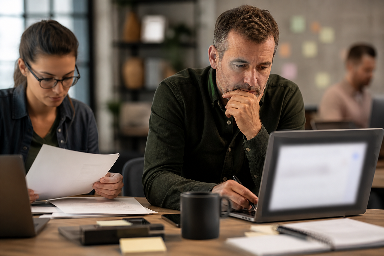 Small business owner reviewing AI-assisted workflow output before customer use