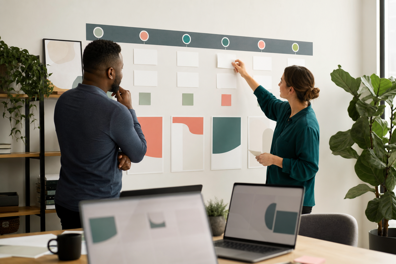 Small business team running a one-week AI automation pilot with blank timeline cards and review steps