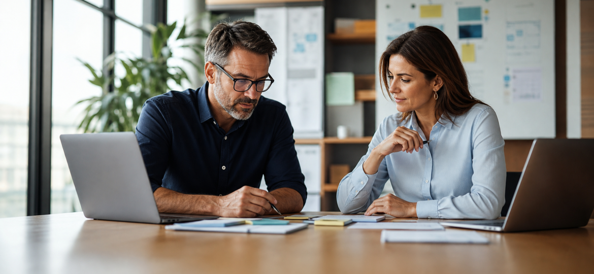 Small business owner and operations lead planning a practical AI automation playbook