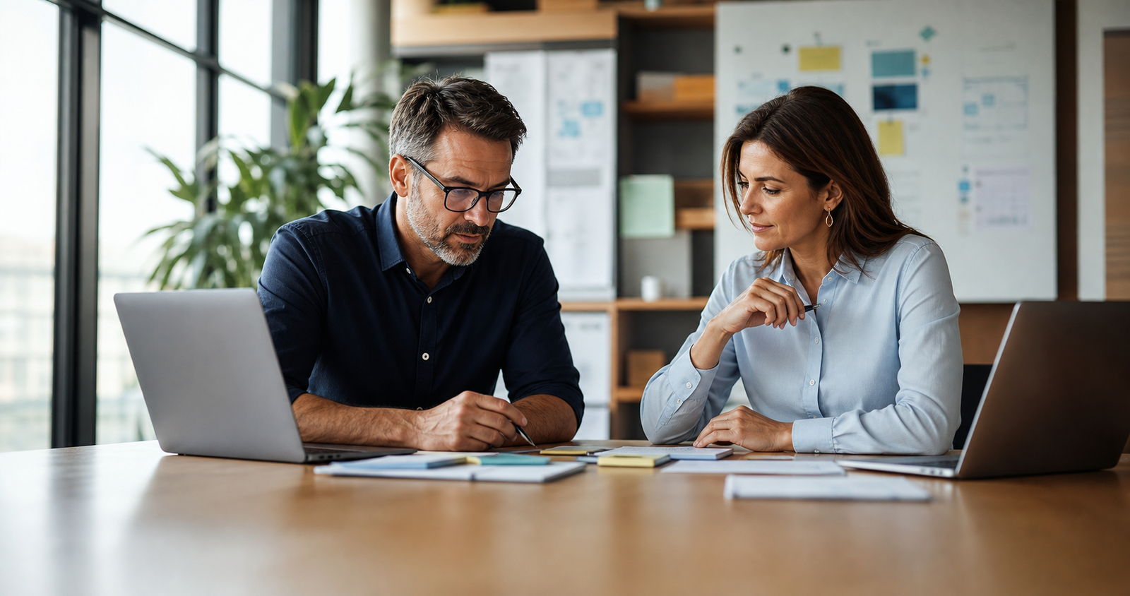 Small business owner and operations lead planning a practical AI automation playbook