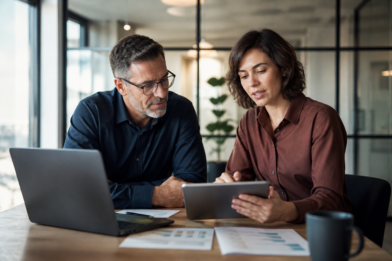 Small business owner and automation consultant reviewing AI workflow automation security before connecting company systems