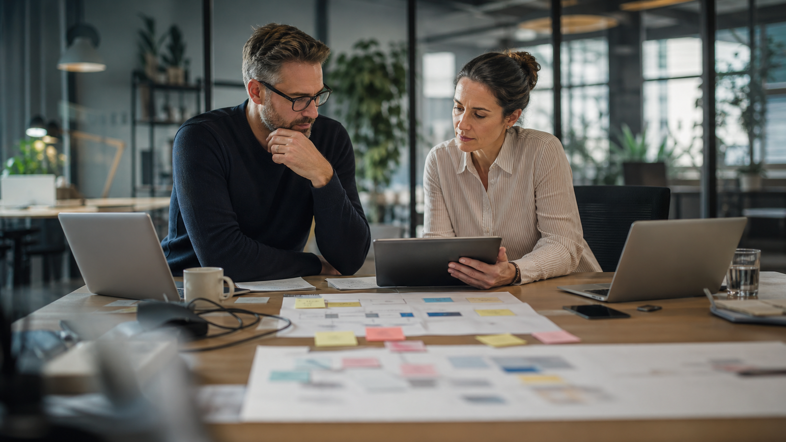 Small business owner and operations lead choosing an AI automation stack during a practical workflow planning session