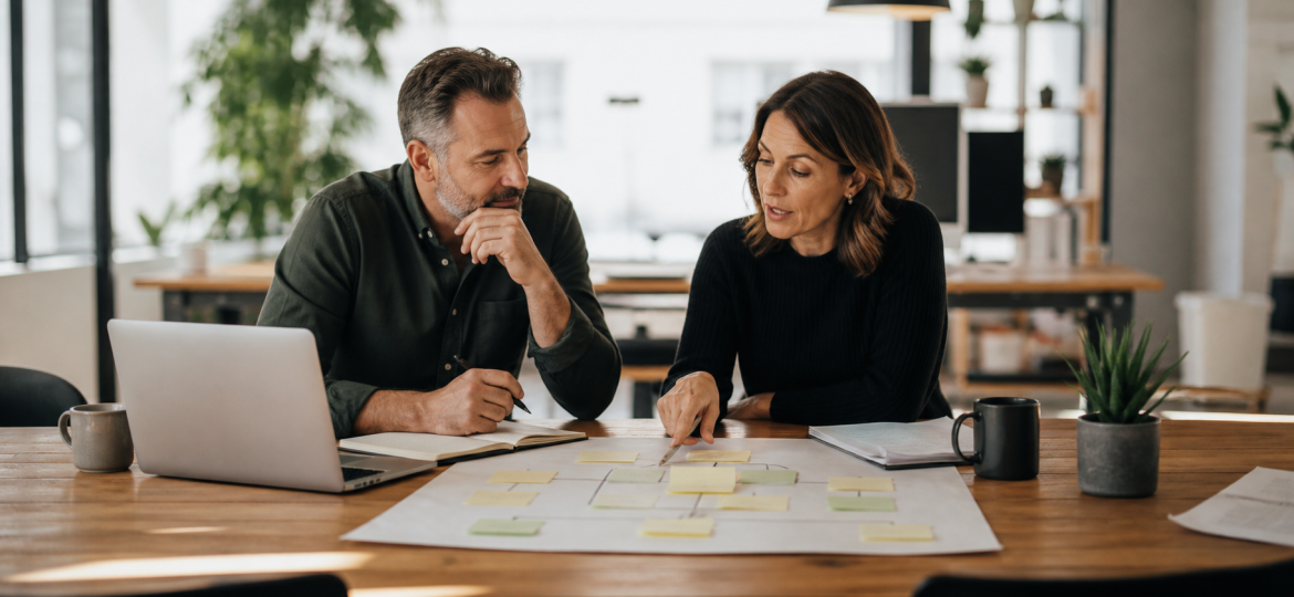 Small business owner and operations manager deciding between a chatbot and workflow automation path