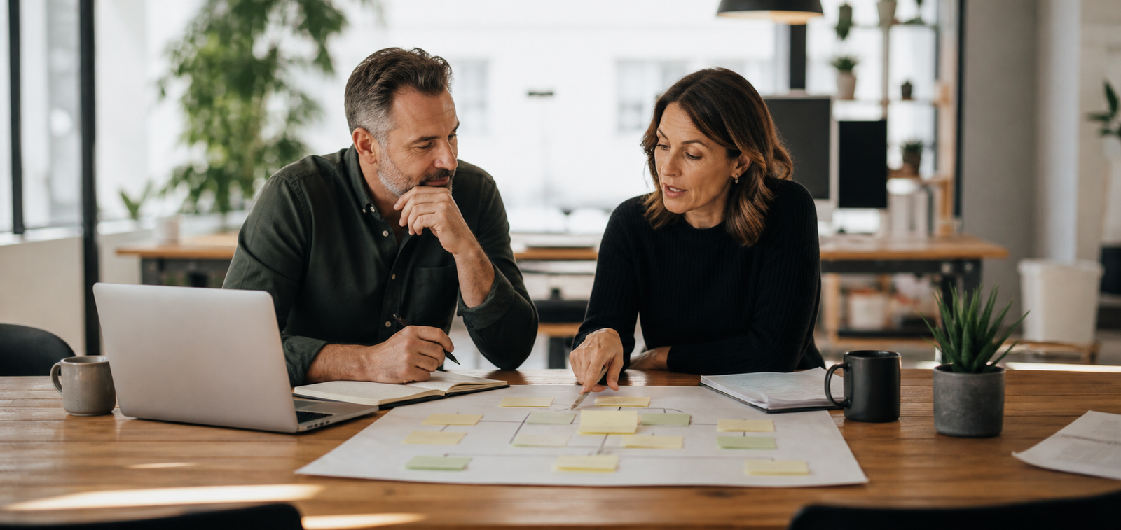 Small business owner and operations manager deciding between a chatbot and workflow automation path