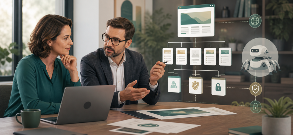 Small business owner and technical advisor reviewing an AI crawler policy template for a public service-business website