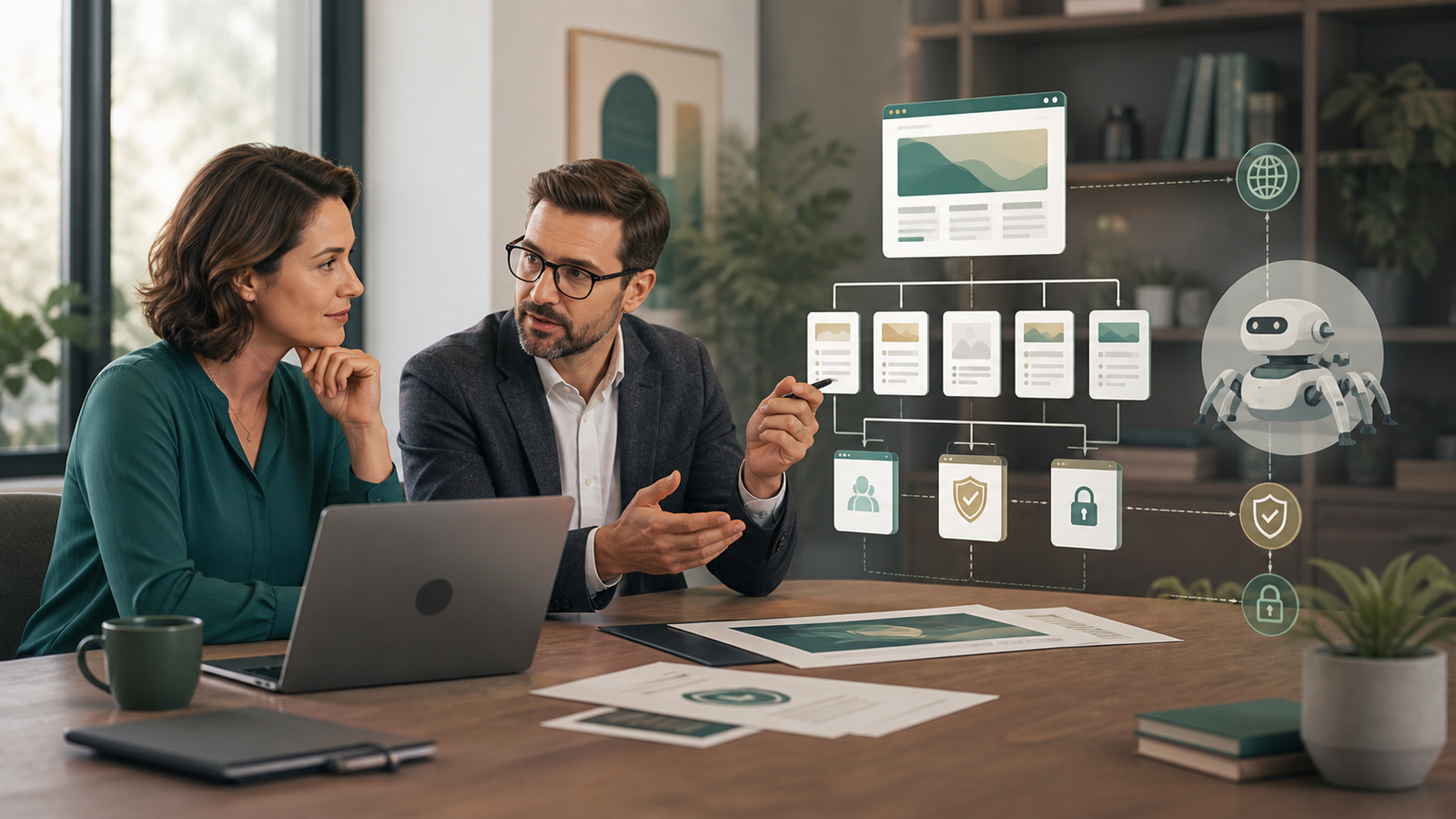 Small business owner and technical advisor reviewing an AI crawler policy template for a public service-business website